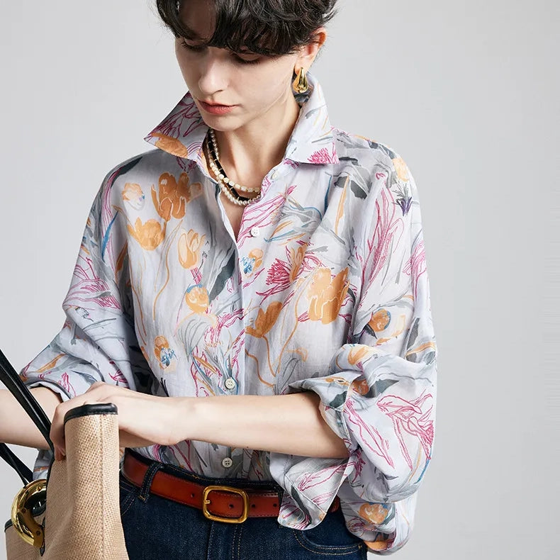 Tulip Print Ramie Long Sleeve Shirt
