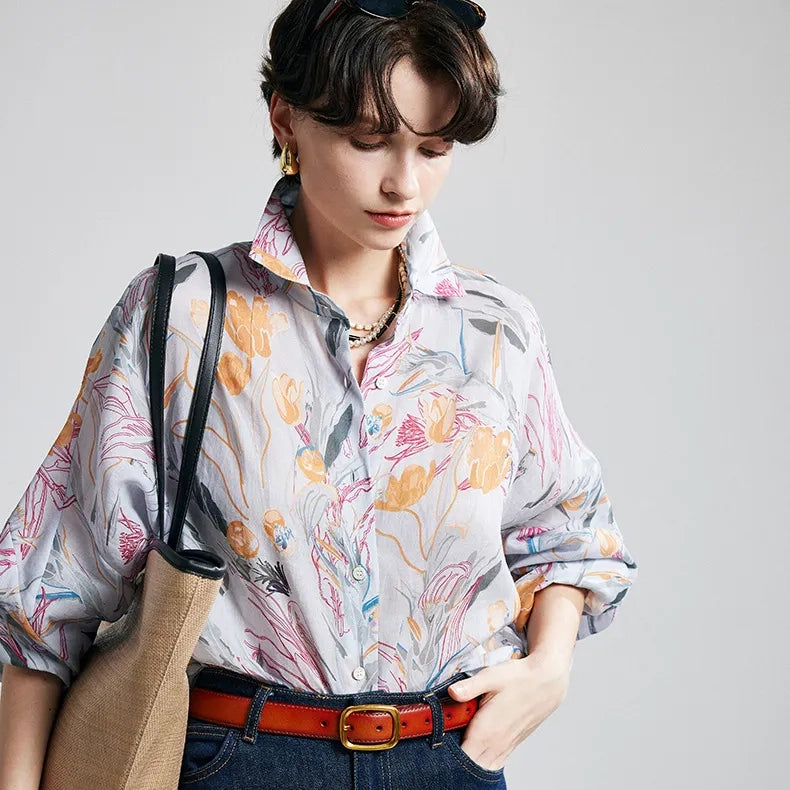Tulip Print Ramie Long Sleeve Shirt