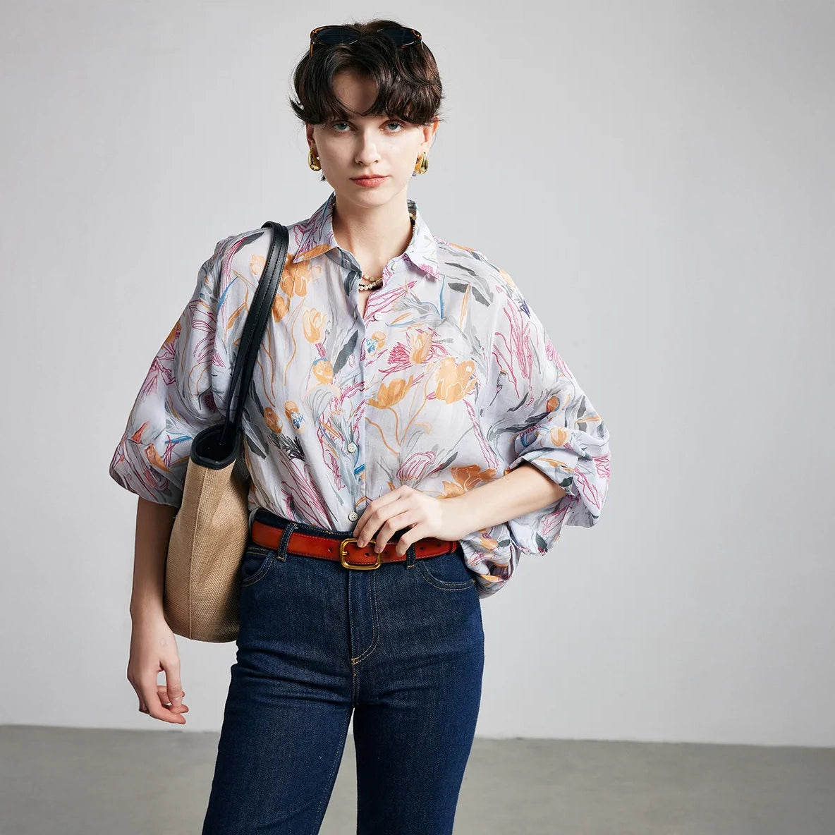 Tulip Print Ramie Long Sleeve Shirt