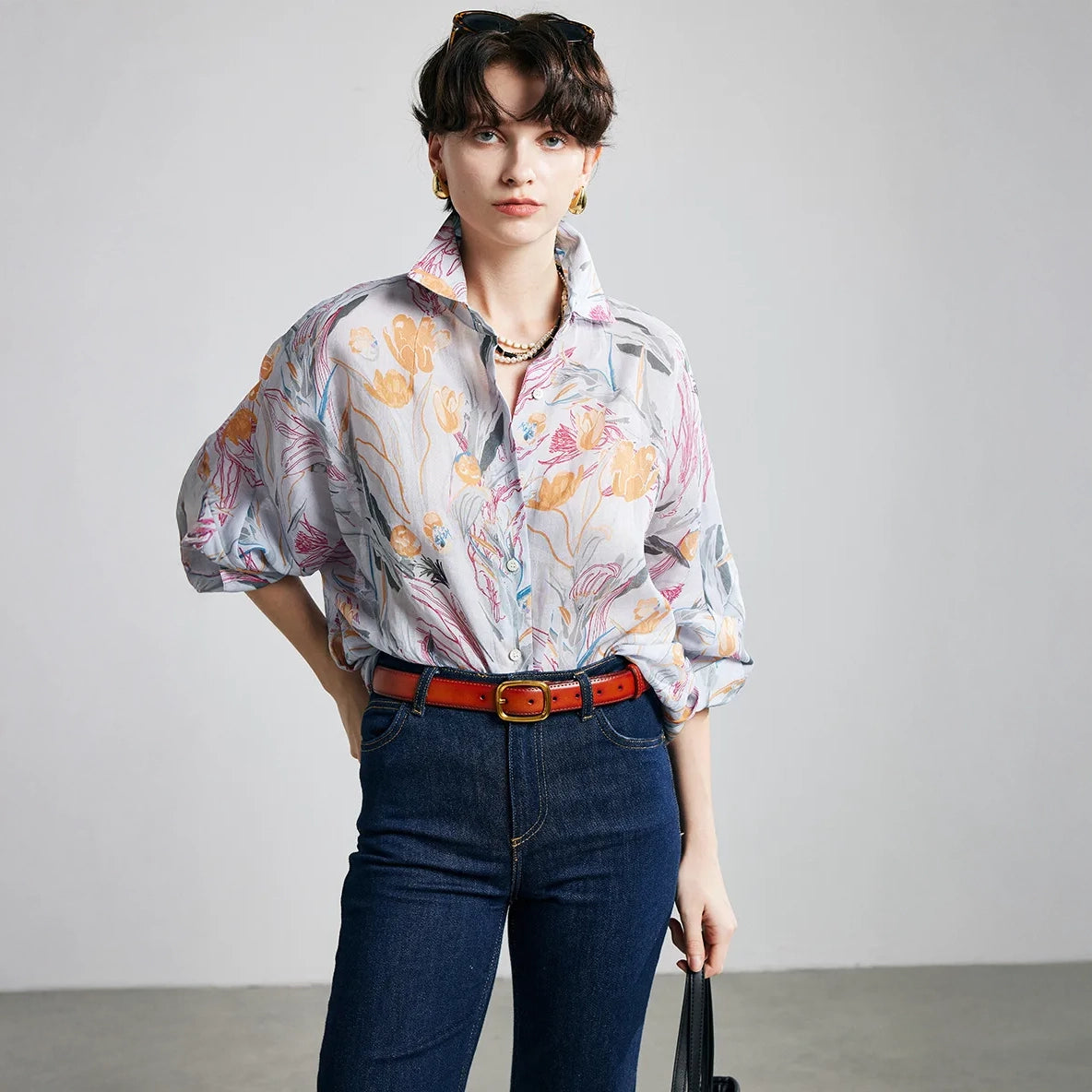Tulip Print Ramie Long Sleeve Shirt