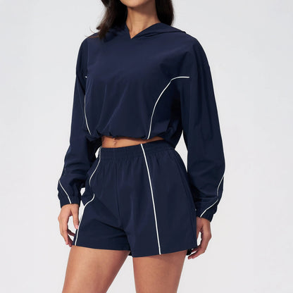 UPF 50+ Lightweight Hooded Sun Jacket - Navy Blue - navy blue front shorts view
