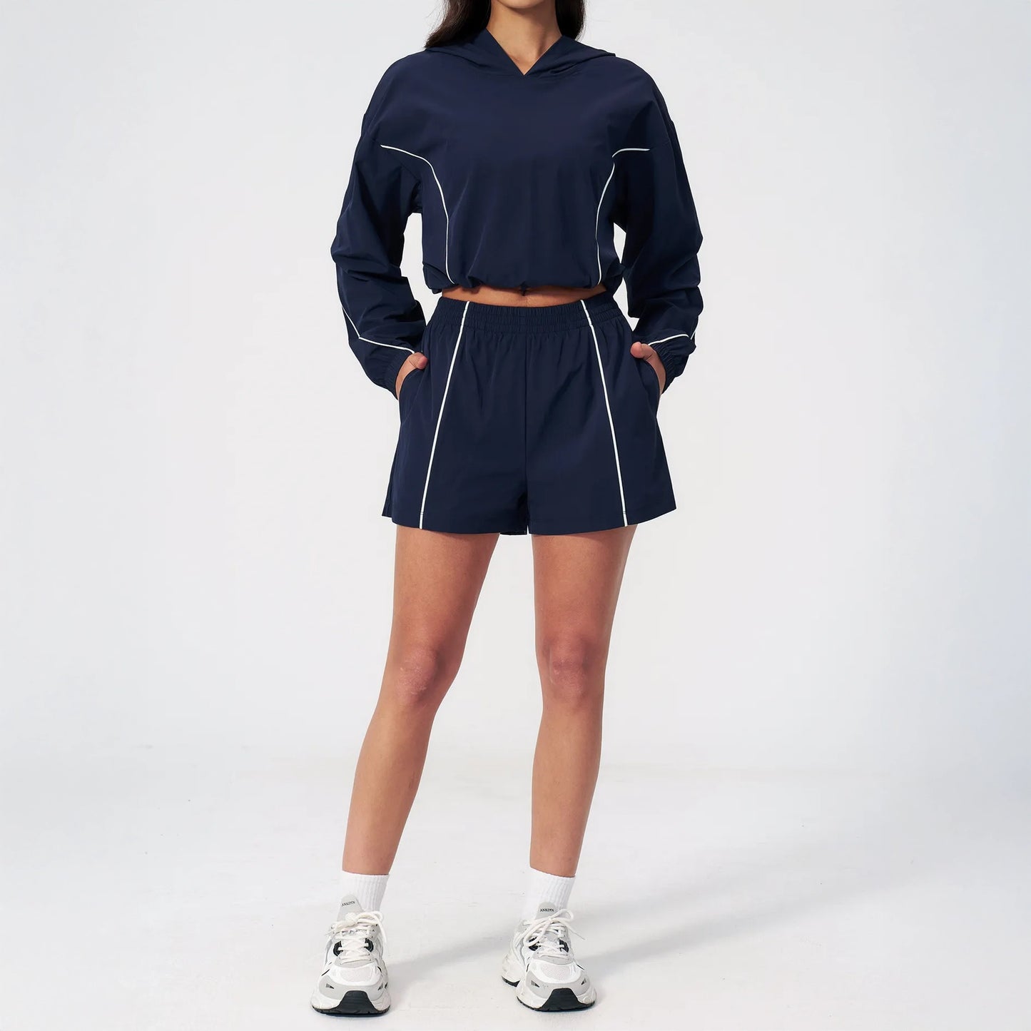 UPF 50+ Lightweight Hooded Sun Jacket - Navy Blue - navy blue side shorts styling