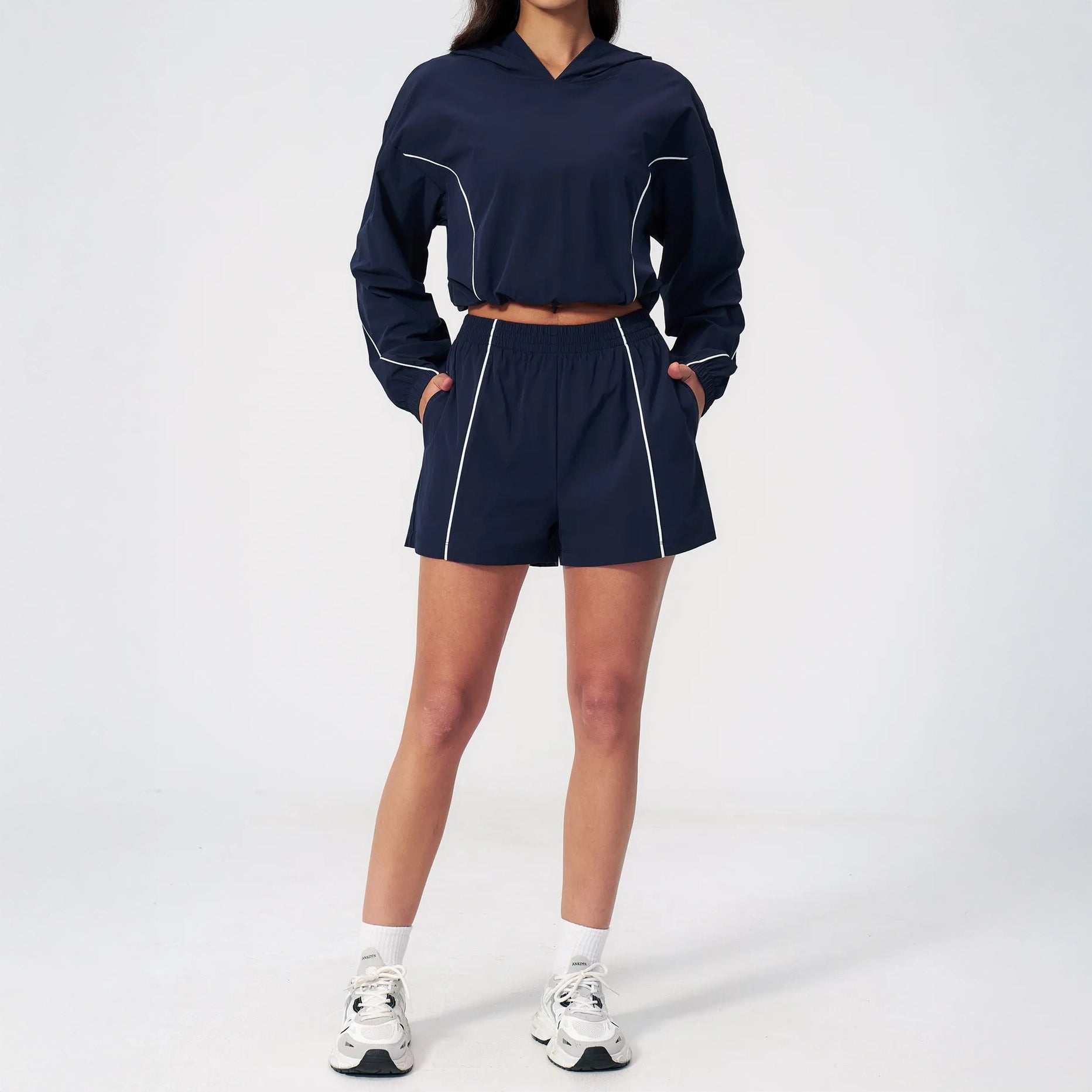 UPF 50+ Lightweight Hooded Sun Jacket - Navy Blue - navy blue side shorts styling
