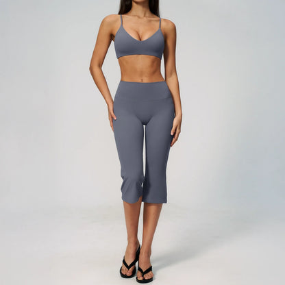V-Neck Adjustable Yoga Sports Bra - Haze Blue - haze blue capri styling