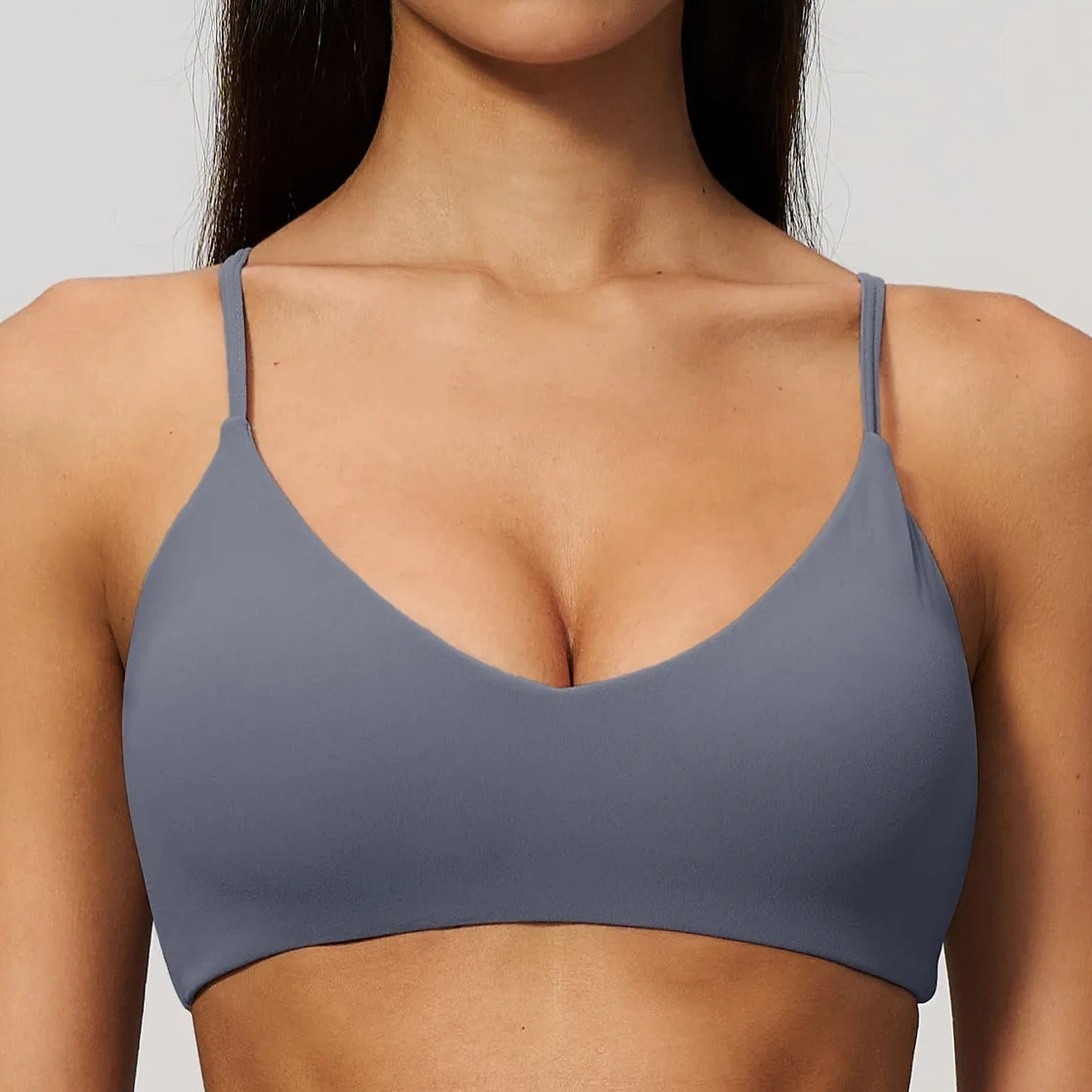 V-Neck Adjustable Yoga Sports Bra - Haze Blue - haze blue front closeup