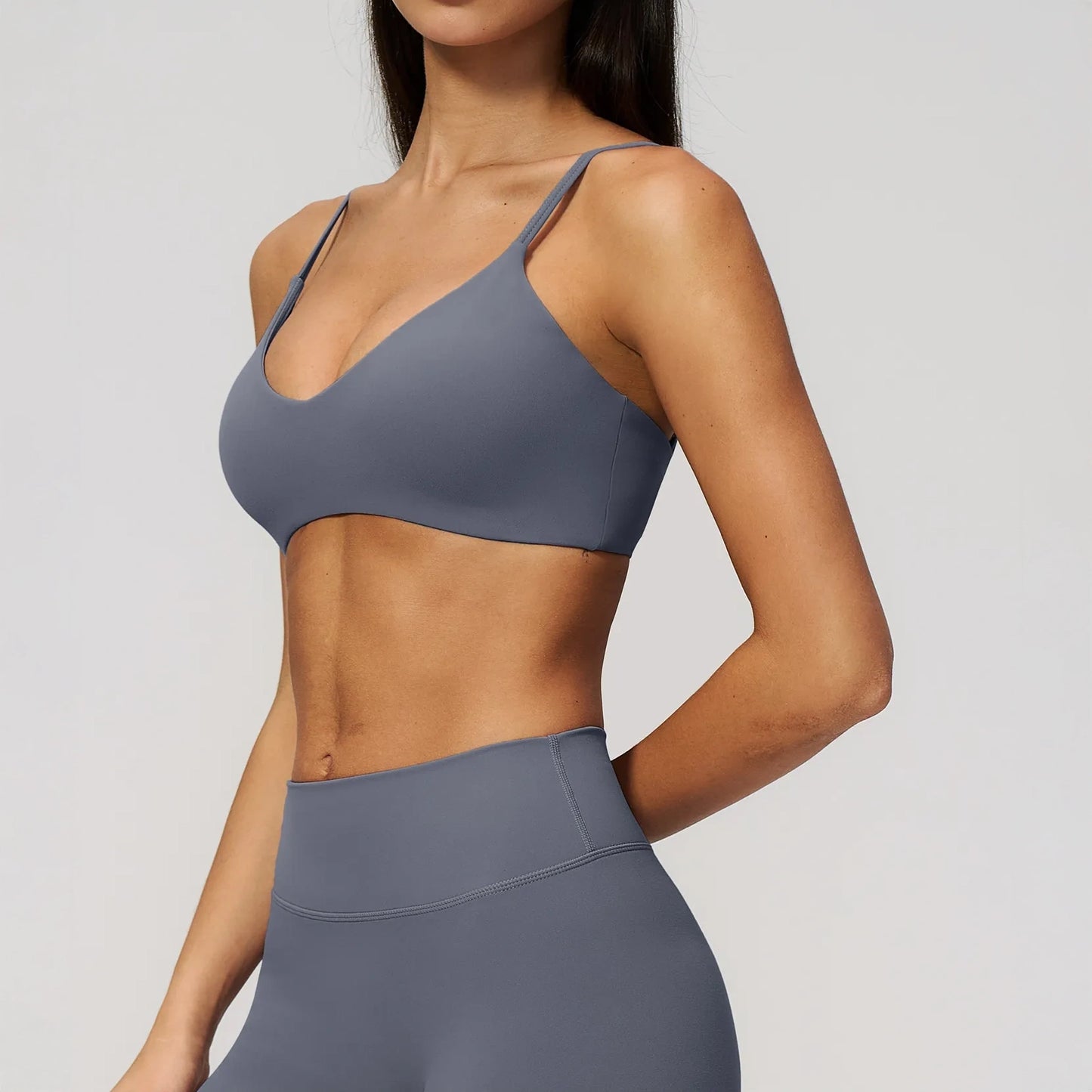 V-Neck Adjustable Yoga Sports Bra - Haze Blue - haze blue side closeup