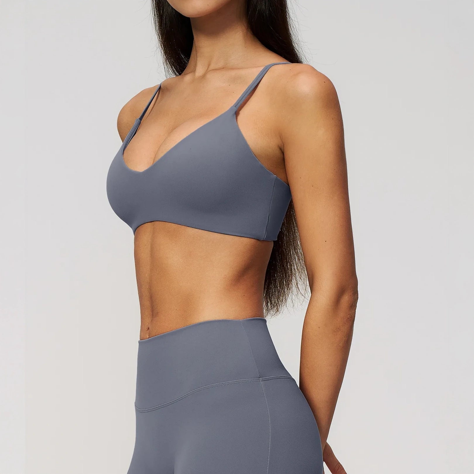 V-Neck Adjustable Yoga Sports Bra - Haze Blue - haze blue side view