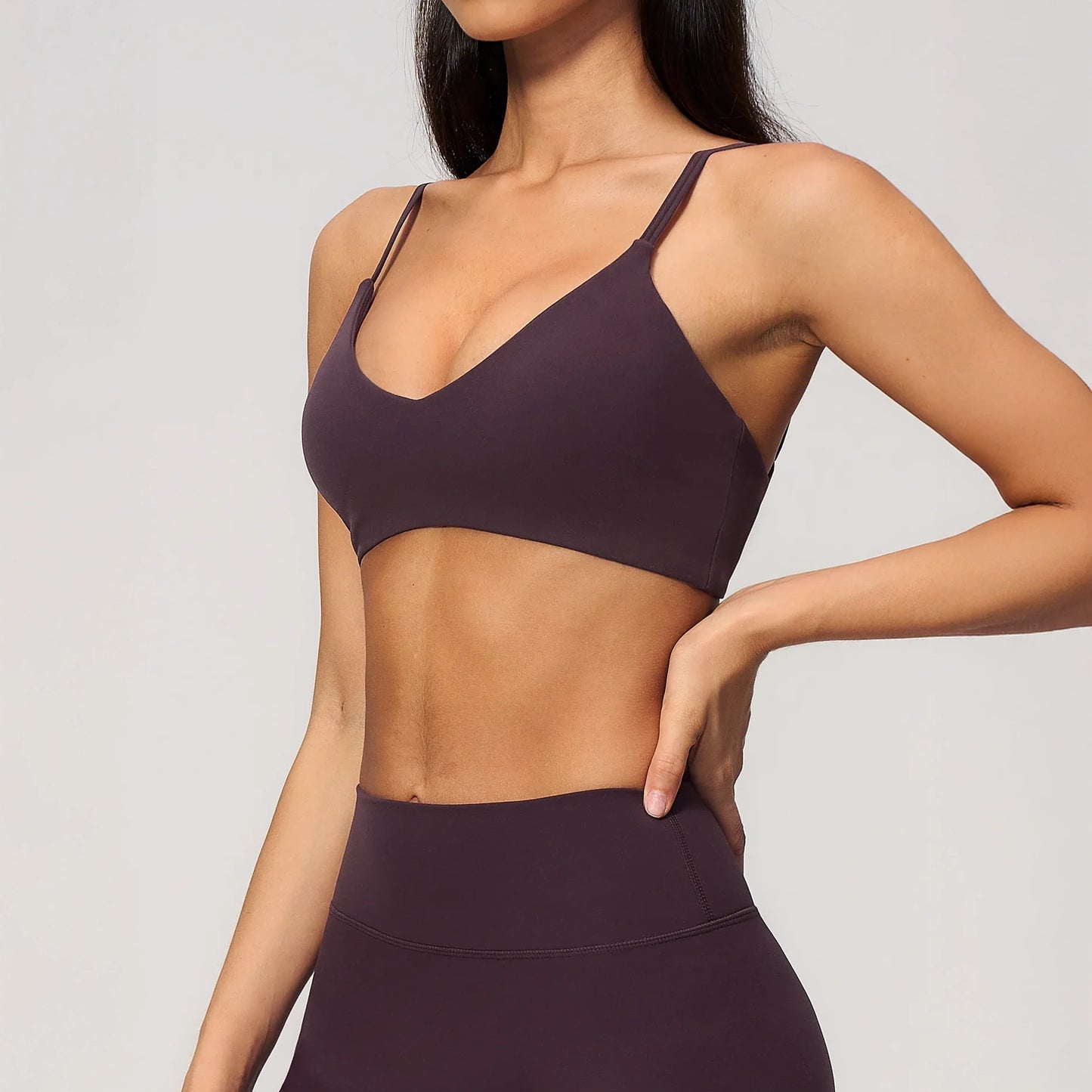 V-Neck Adjustable Yoga Sports Bra - Ink Purple - ink purple front closeup