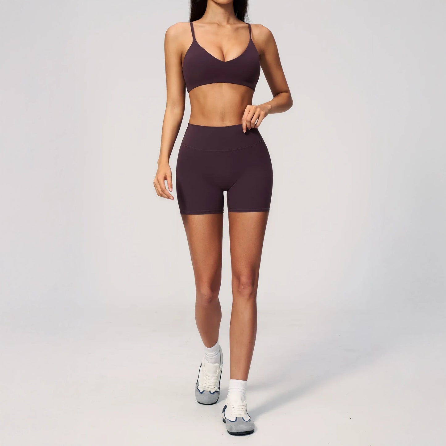 V-Neck Adjustable Yoga Sports Bra - Ink Purple - ink purple shorts styling