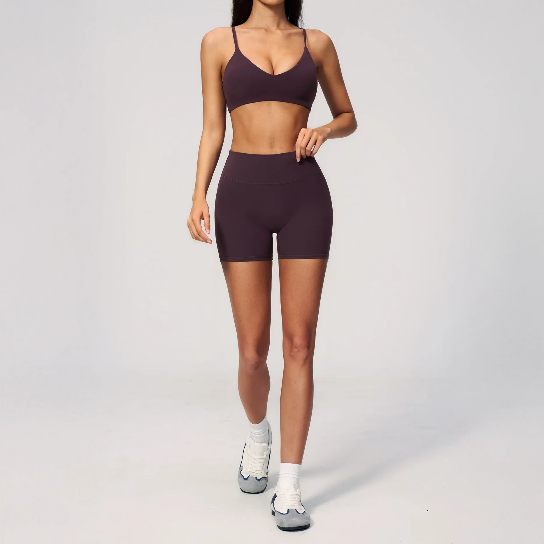 V-Neck Adjustable Yoga Sports Bra - Ink Purple - ink purple shorts styling
