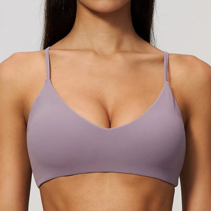 V-Neck Adjustable Yoga Sports Bra - Lilac Purple - lilac purple front closeup