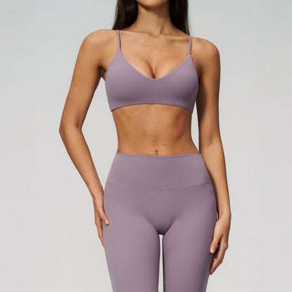 V-Neck Adjustable Yoga Sports Bra - Lilac Purple - lilac purple front view