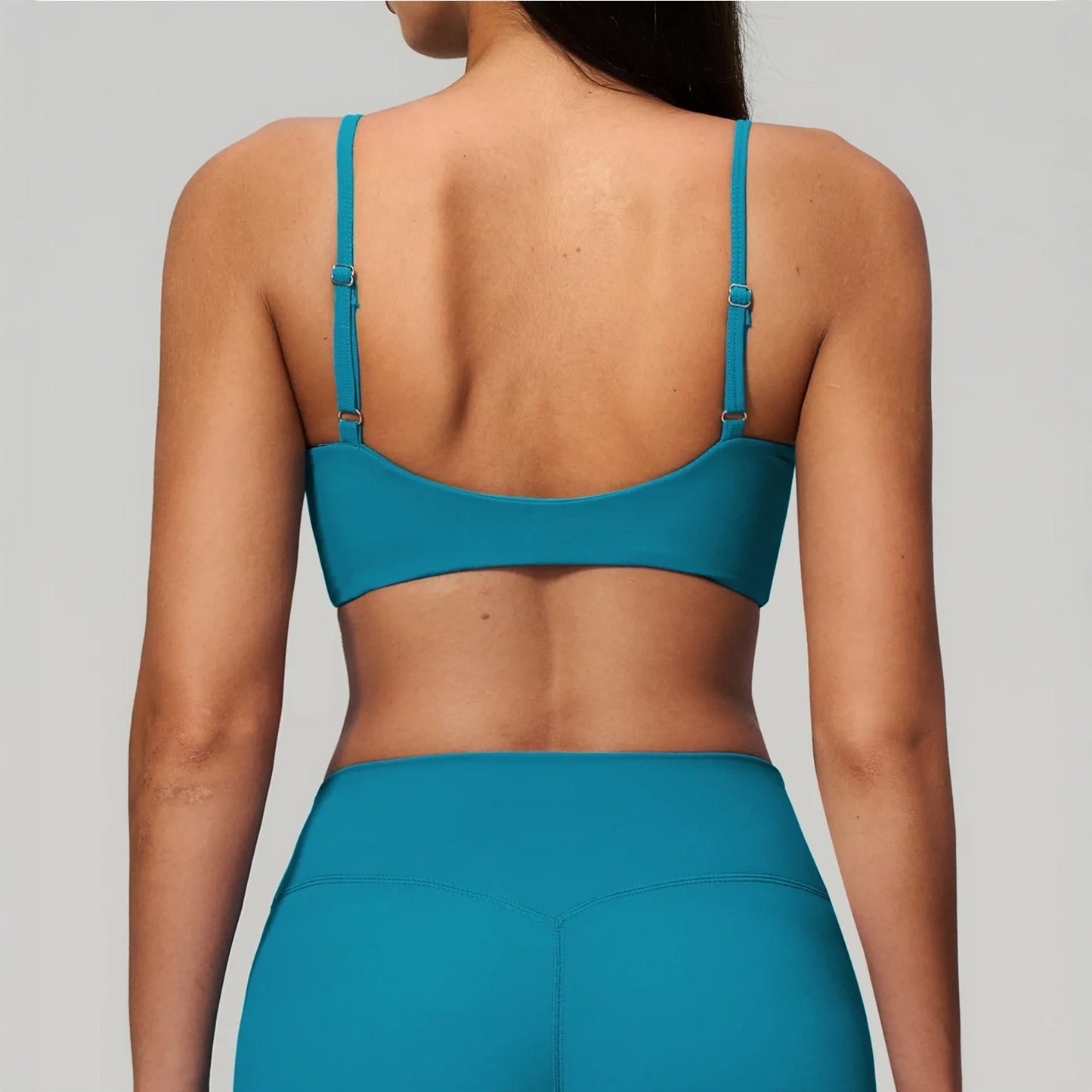 V-Neck Adjustable Yoga Sports Bra - Peacock Blue - peacock blue back closeup