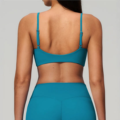 V-Neck Adjustable Yoga Sports Bra - Peacock Blue - peacock blue back closeup