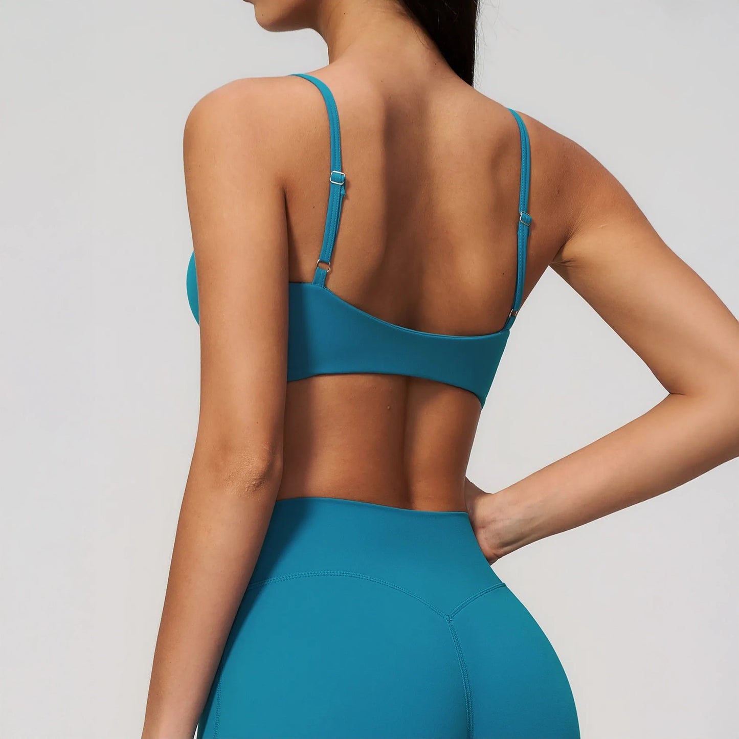 V-Neck Adjustable Yoga Sports Bra - Peacock Blue - peacock blue back side view