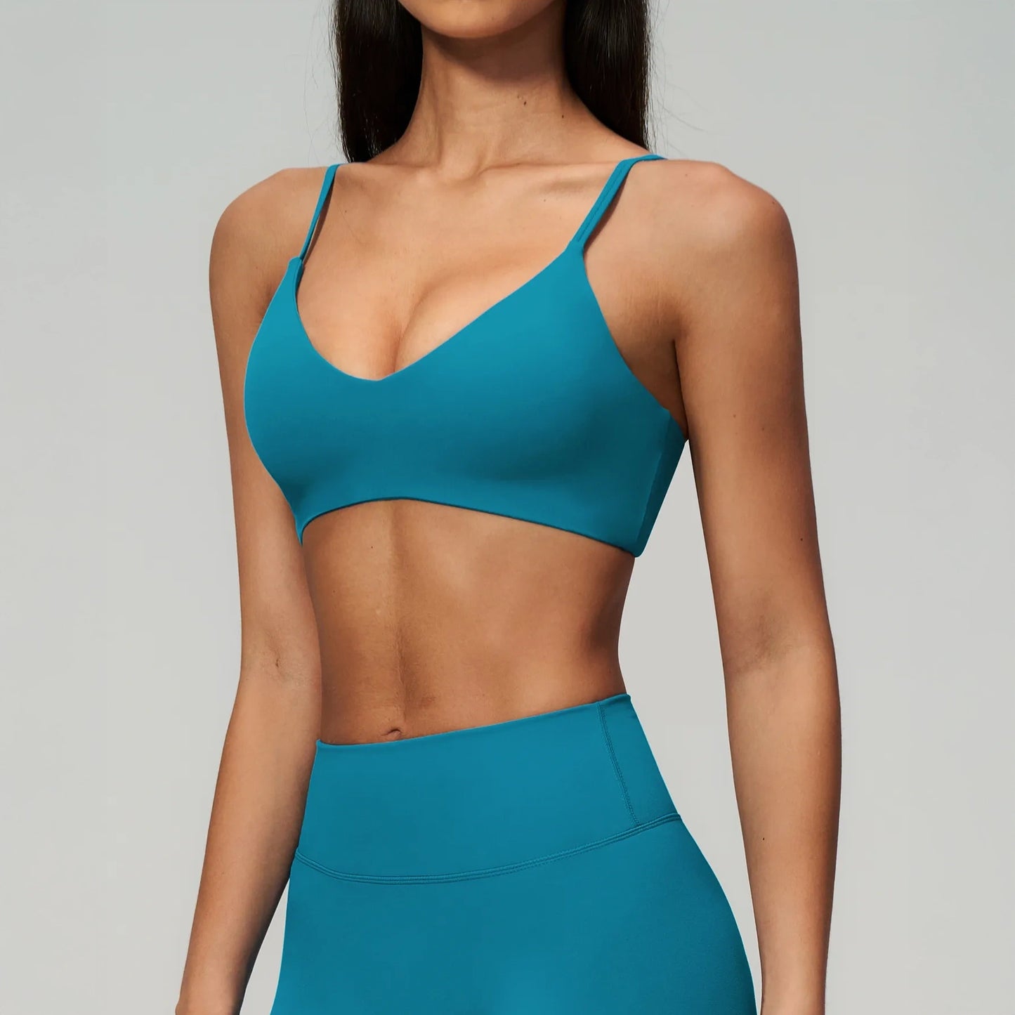V-Neck Adjustable Yoga Sports Bra - Peacock Blue - peacock blue side closeup