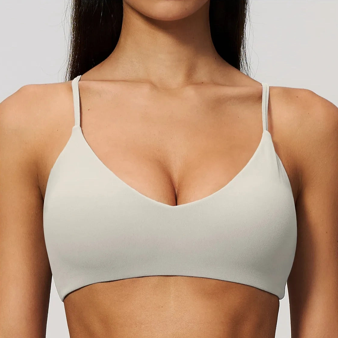 V-Neck Adjustable Yoga Sports Bra - Pearl Gray - pearl gray front closeup