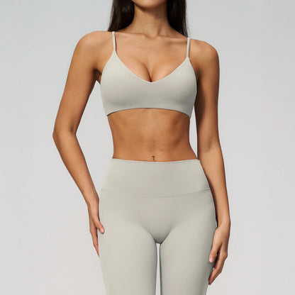 V-Neck Adjustable Yoga Sports Bra - Pearl Gray - pearl gray front view