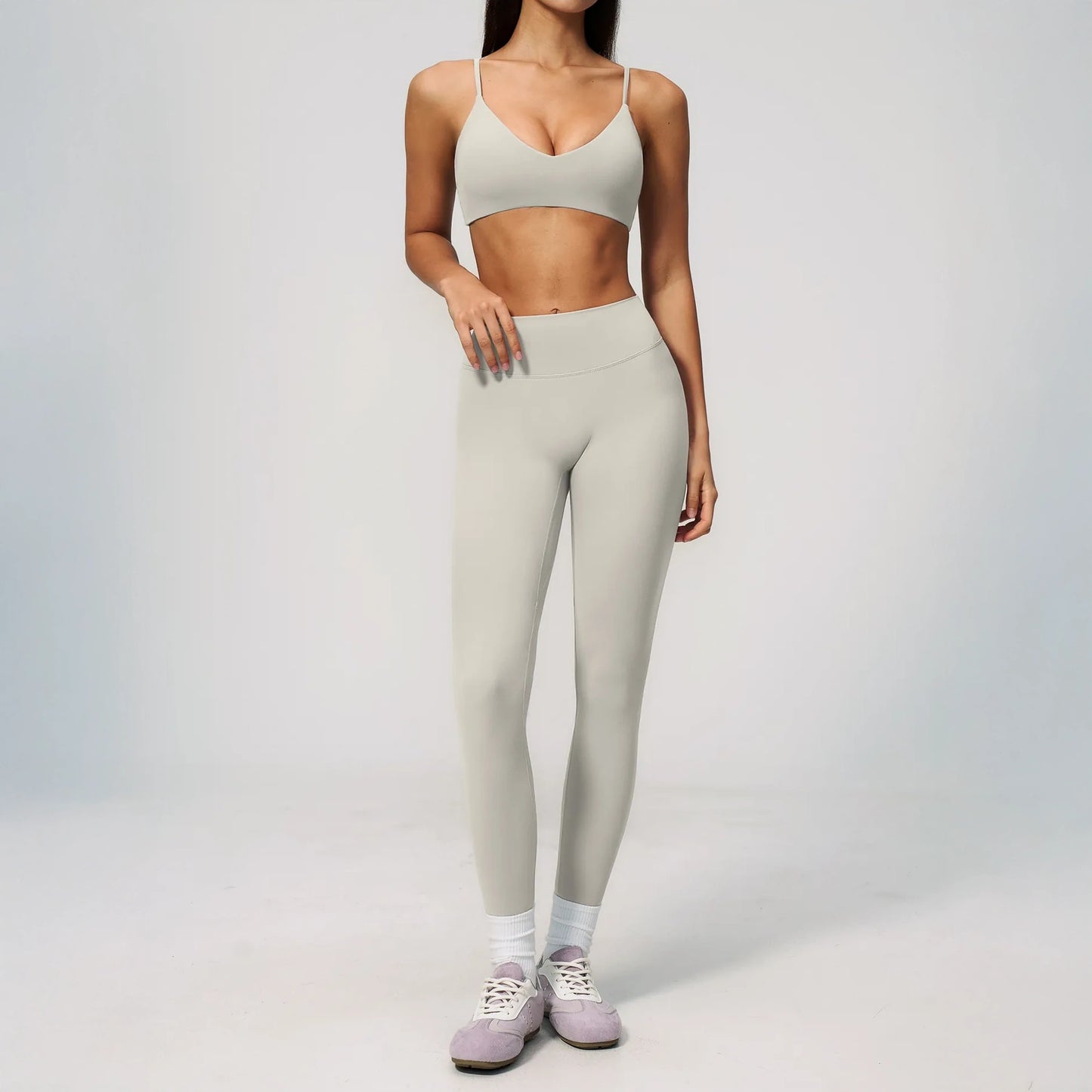 V-Neck Adjustable Yoga Sports Bra - Pearl Gray - pearl gray leggings styling