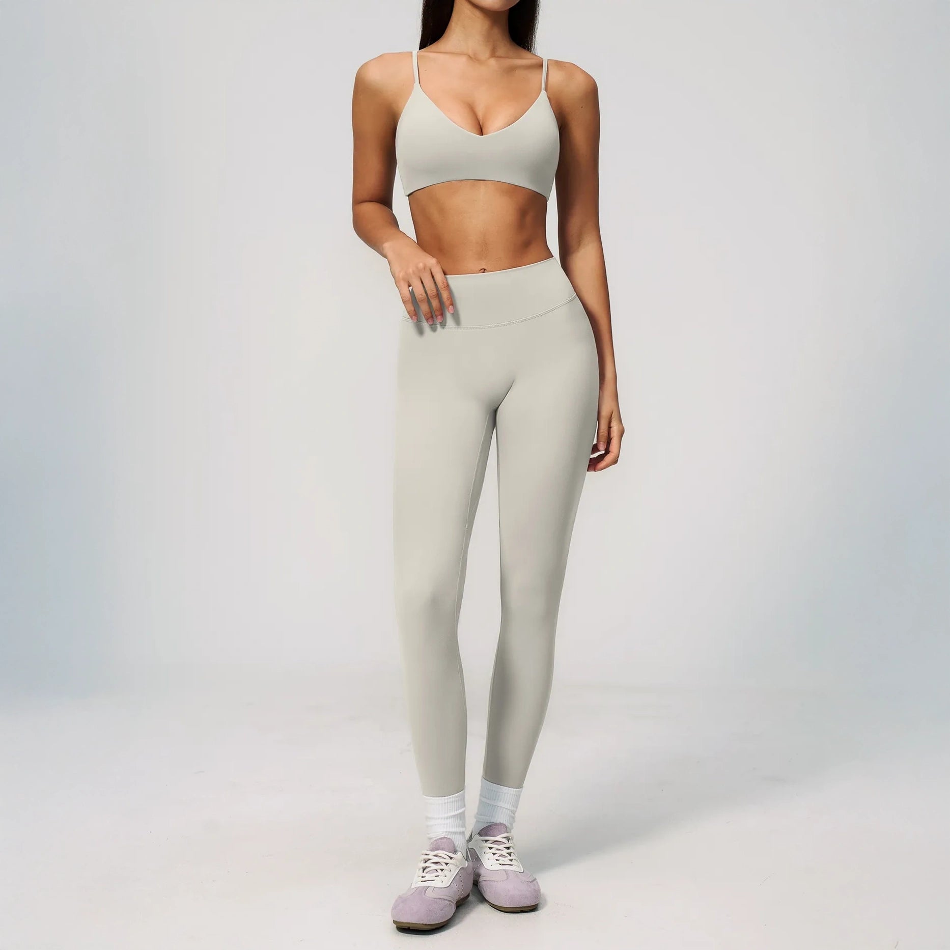 V-Neck Adjustable Yoga Sports Bra - Pearl Gray - pearl gray leggings styling