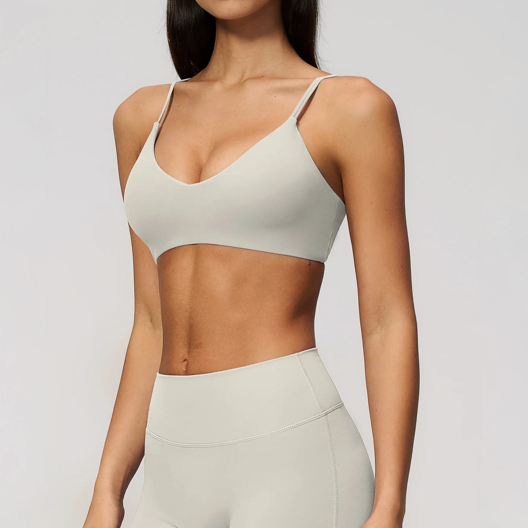 V-Neck Adjustable Yoga Sports Bra - Pearl Gray - pearl gray side closeup