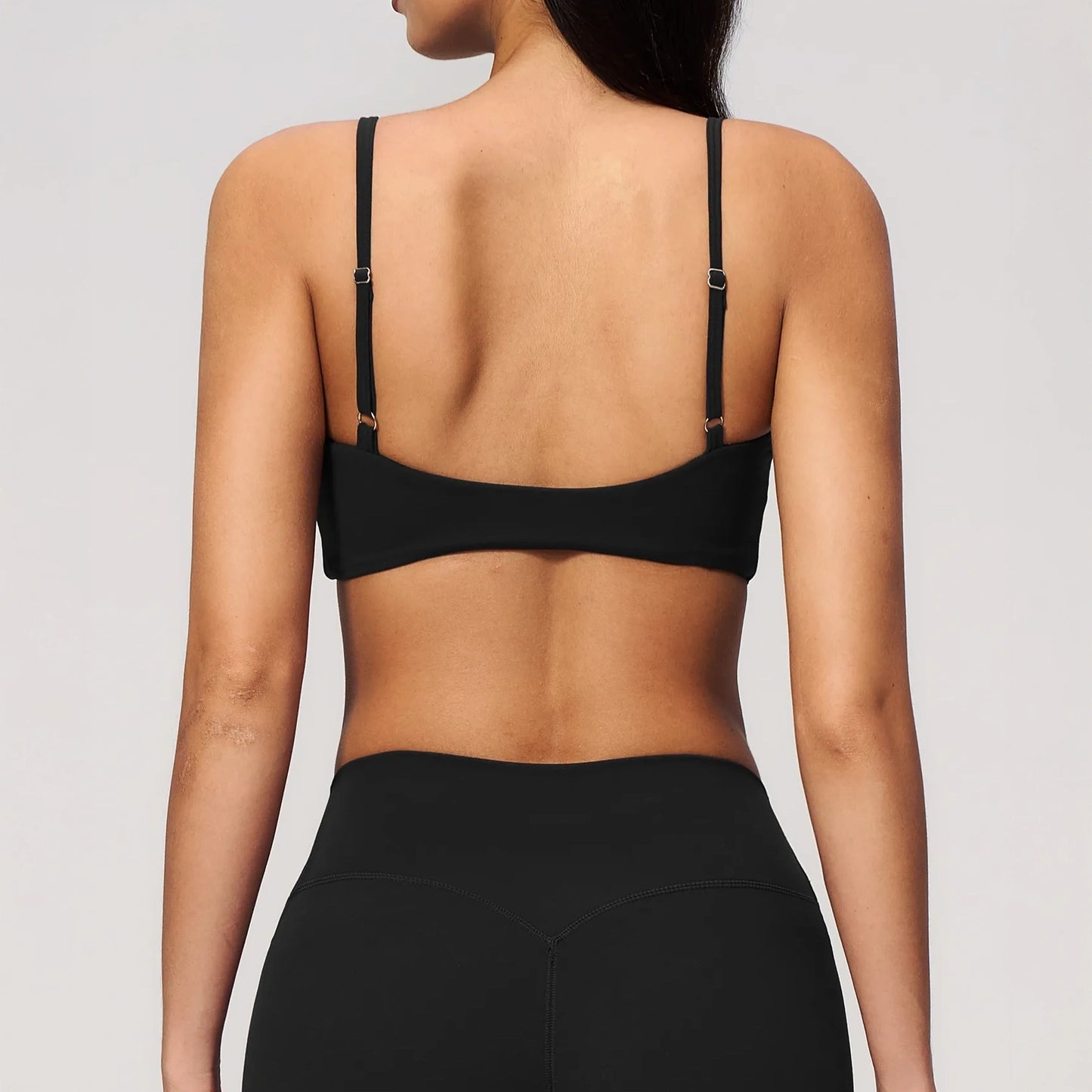 V-Neck Adjustable Yoga Sports Bra - Premium Black - premium black back closeup