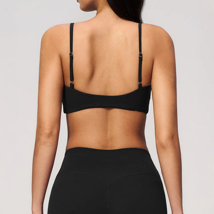 V-Neck Adjustable Yoga Sports Bra - Premium Black - premium black back closeup