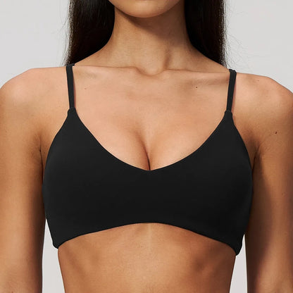 V-Neck Adjustable Yoga Sports Bra - Premium Black - premium black front closeup