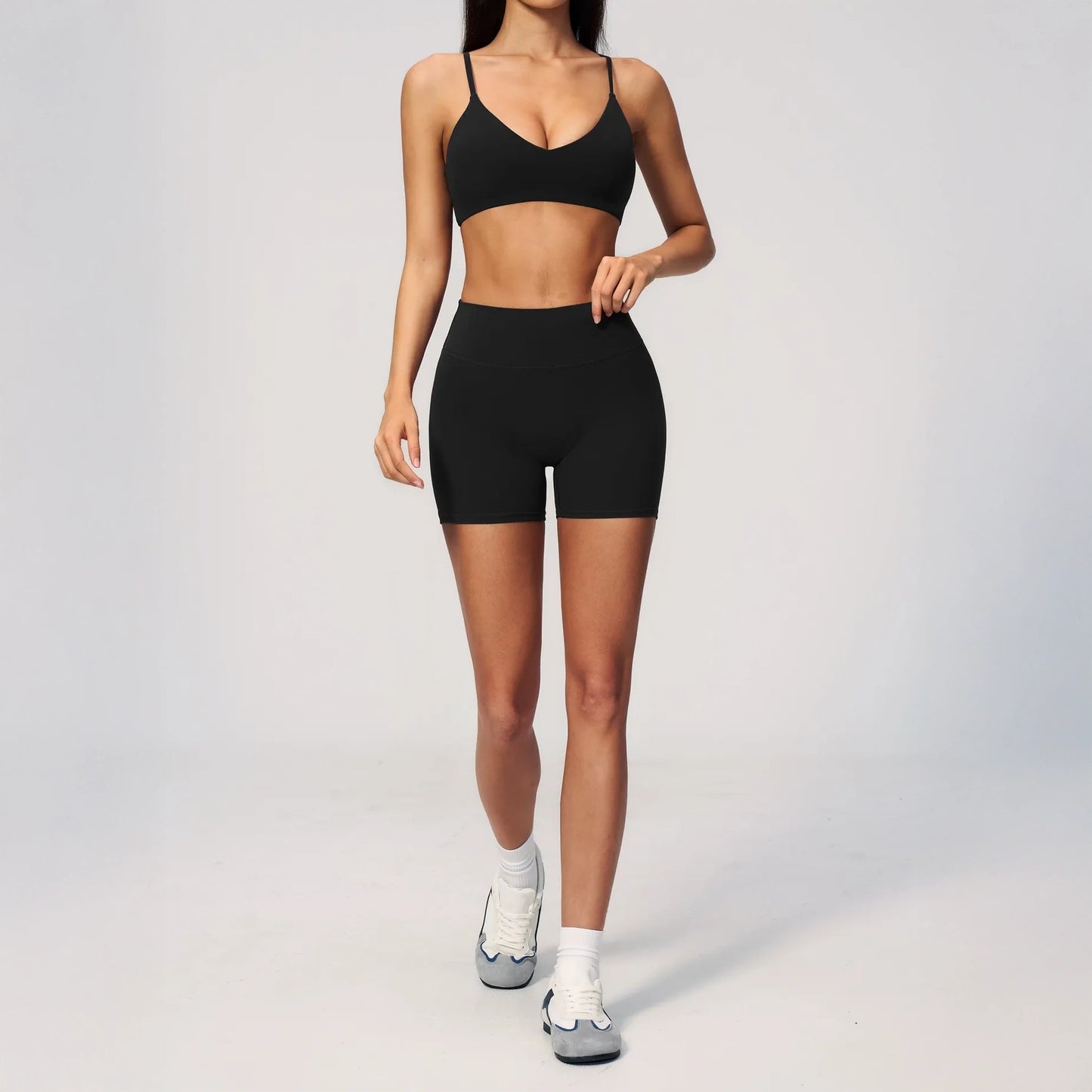 V-Neck Adjustable Yoga Sports Bra - Premium Black - premium black shorts styling