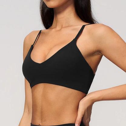 V-Neck Adjustable Yoga Sports Bra - Premium Black - premium black side closeup