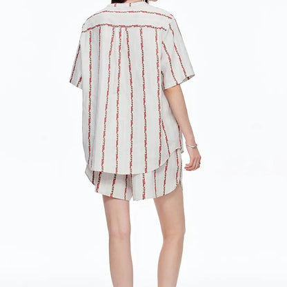 Creamy White Rose Stripe Cotton Pajama Set