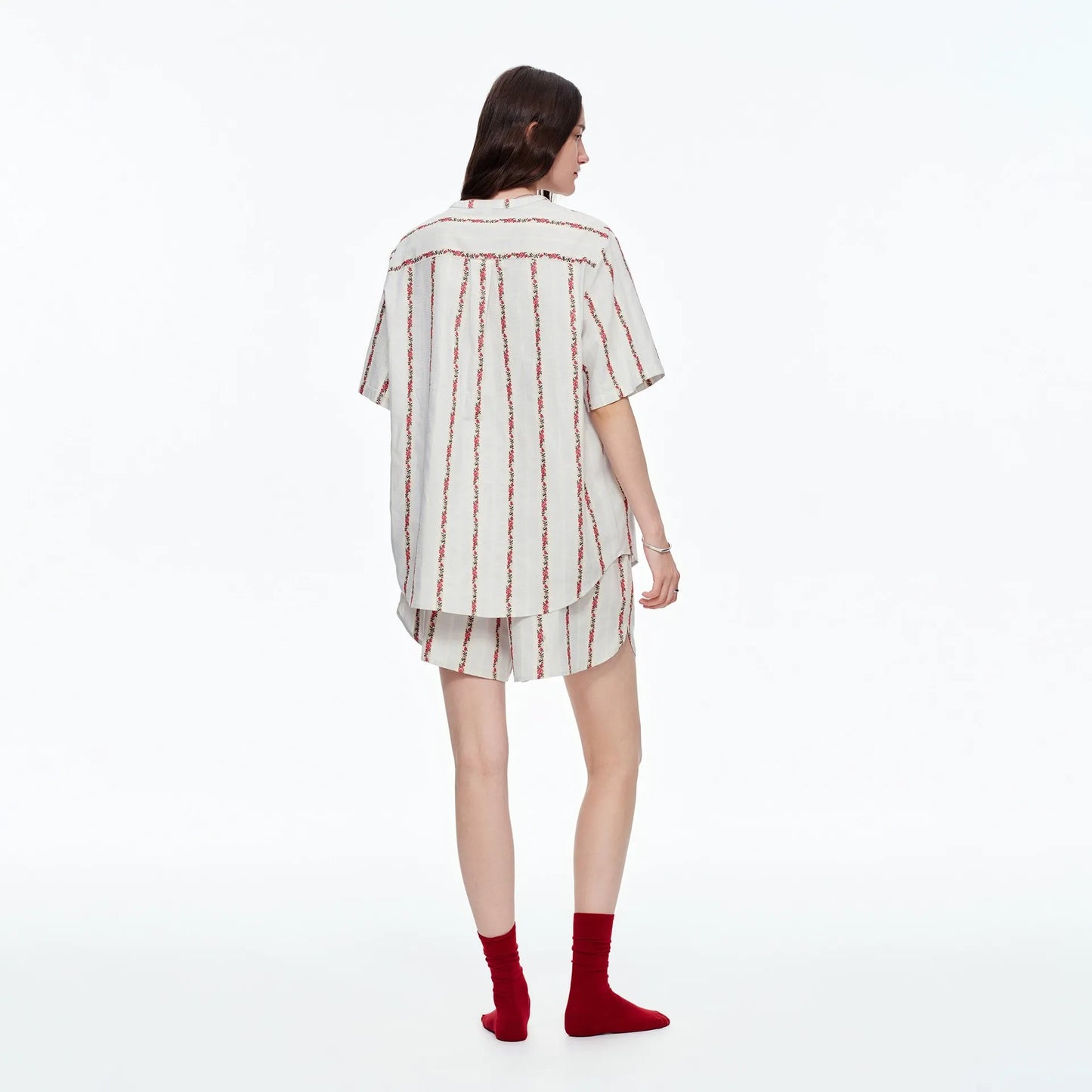 Creamy White Rose Stripe Cotton Pajama Set