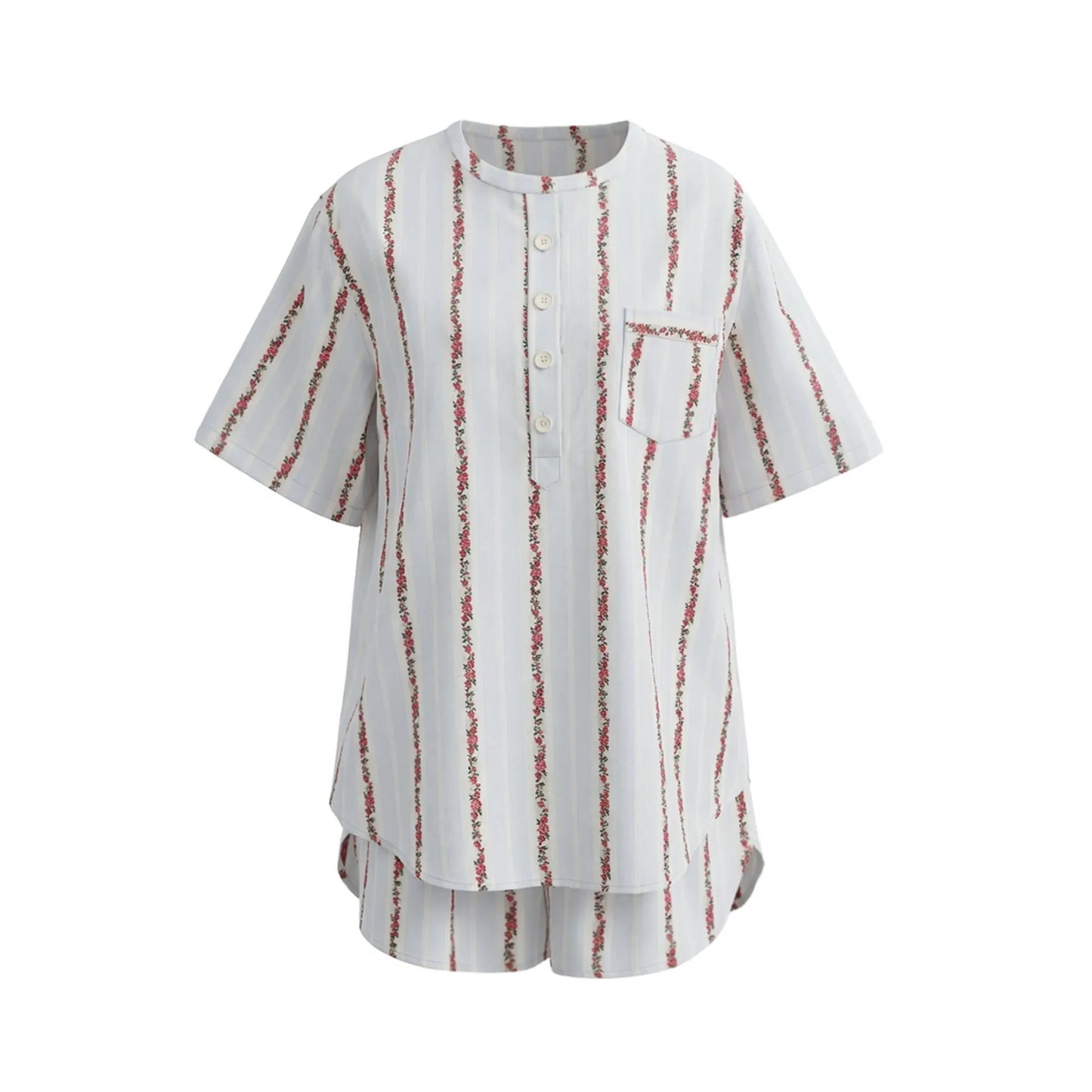 Creamy White Rose Stripe Cotton Pajama Set