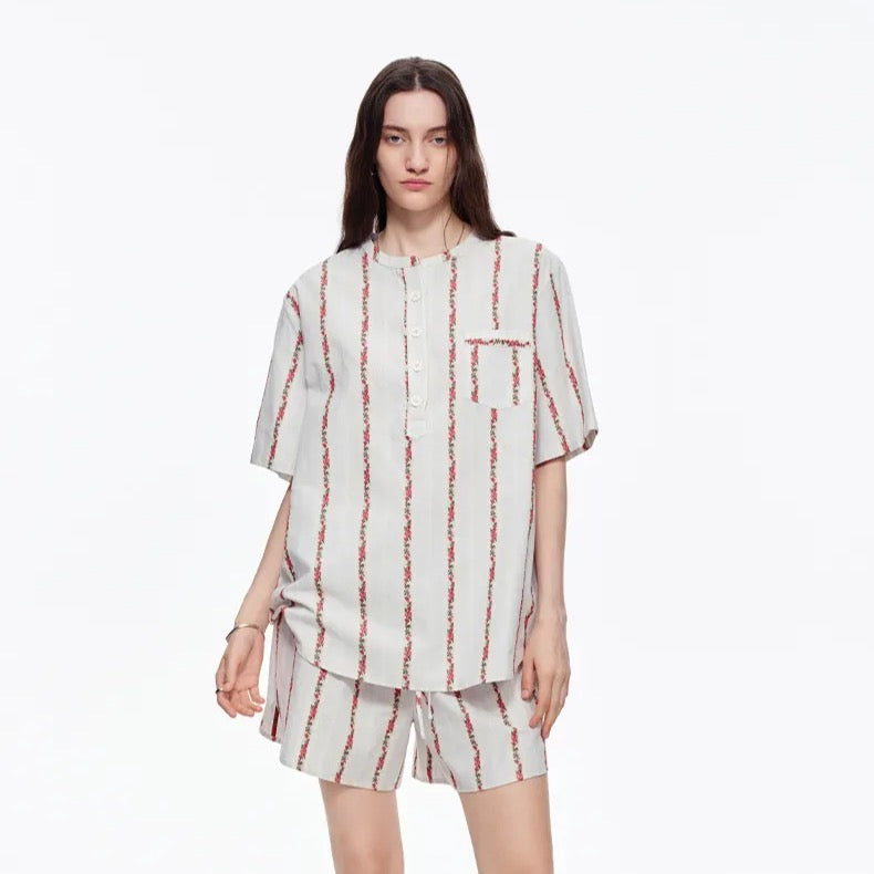 Creamy White Rose Stripe Cotton Pajama Set