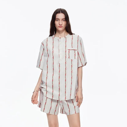 Creamy White Rose Stripe Cotton Pajama Set
