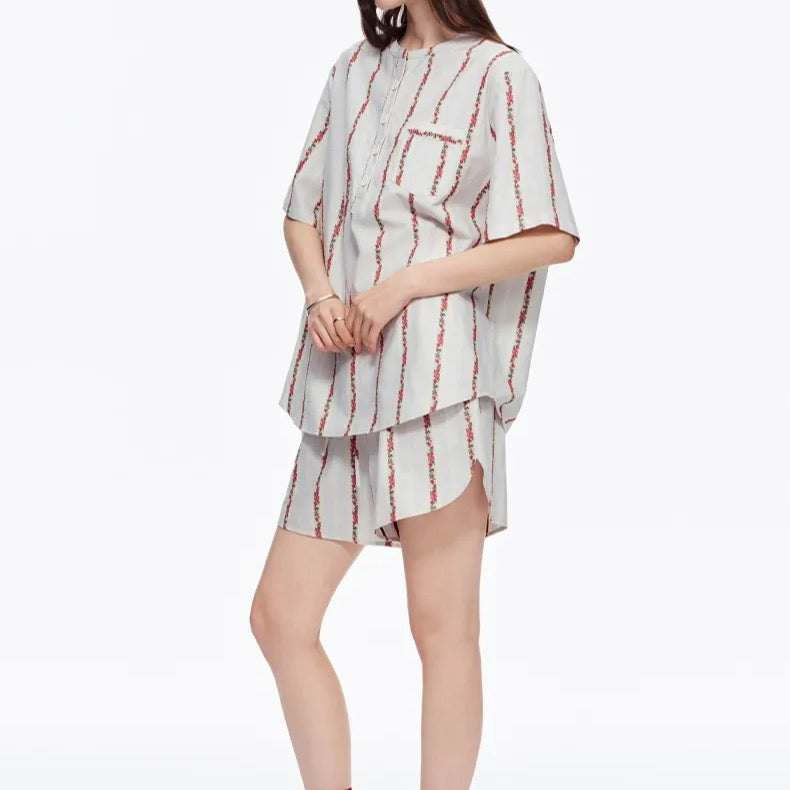 Creamy White Rose Stripe Cotton Pajama Set