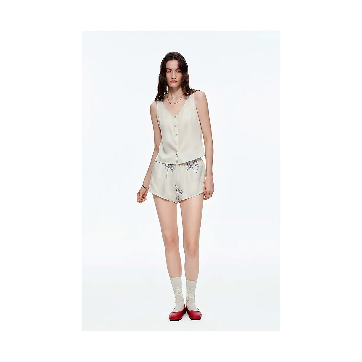 Milky Apricot White Viscose Tank Shorts Pajama Set