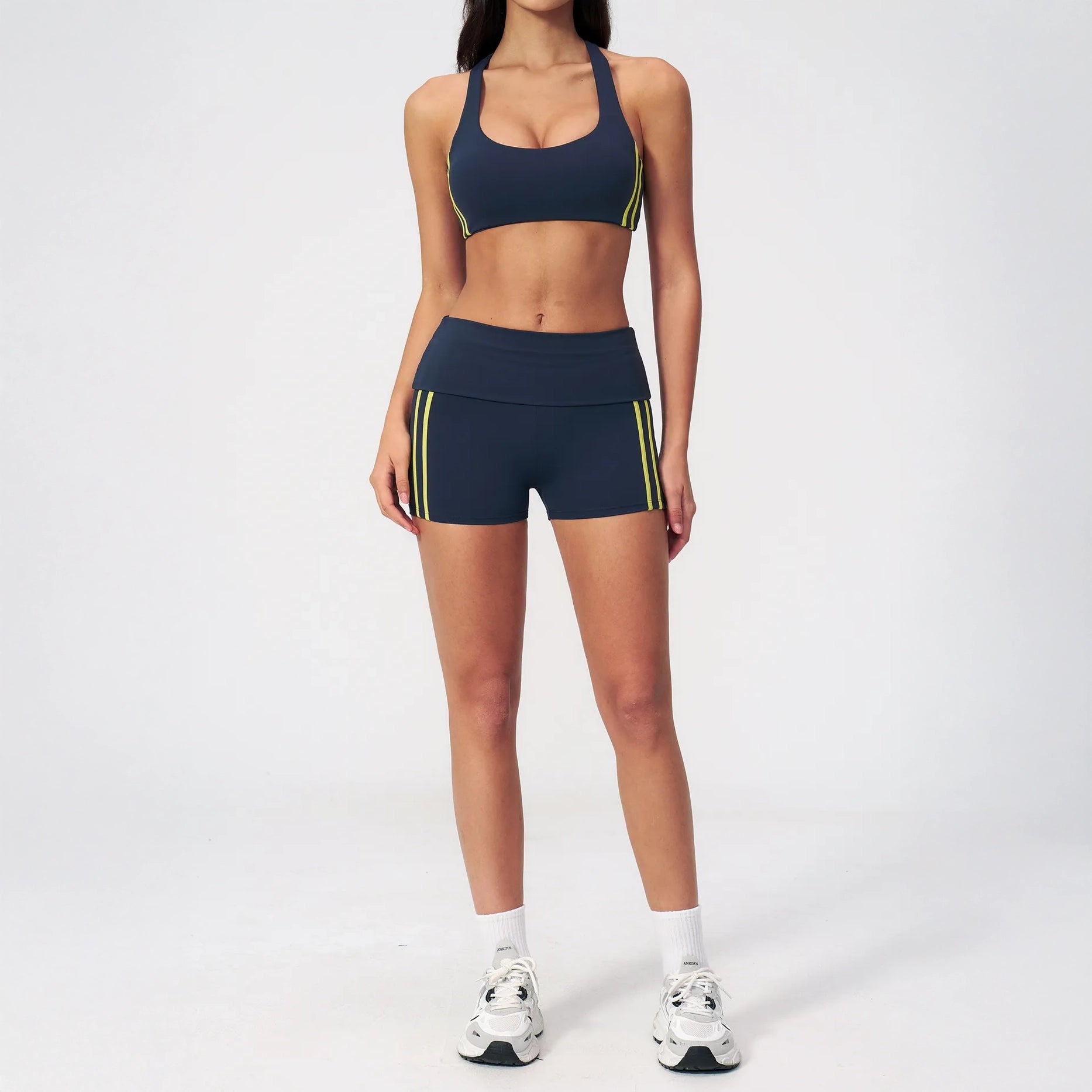 Red Monté navy racerback sports bra and contrast athletic shorts
